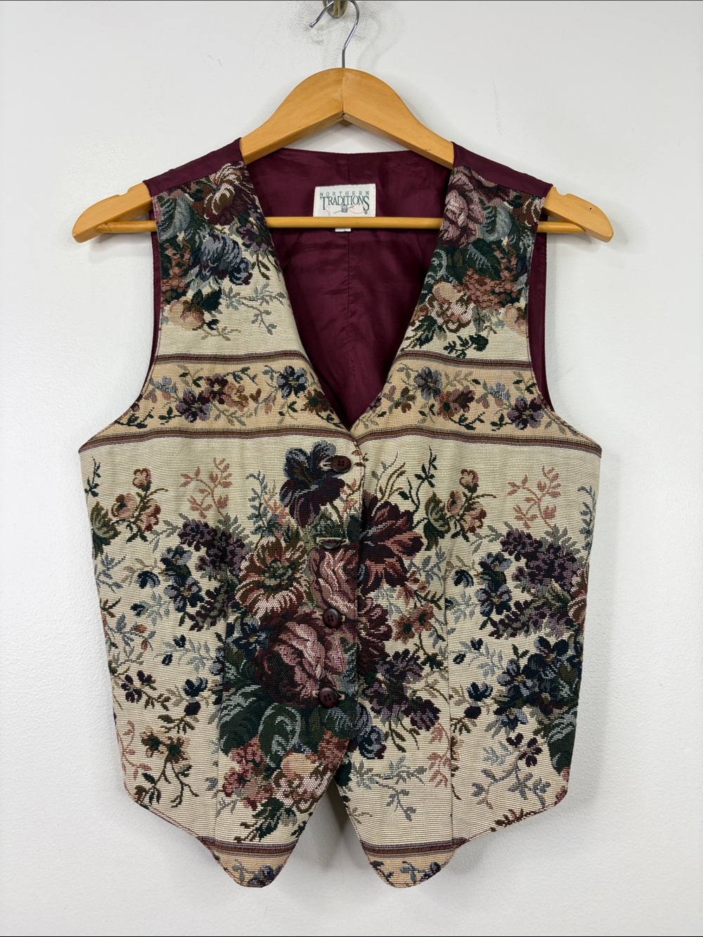Vintage Tapestry Vest Womens Large Cranberry Cream Floral 90s Mom Waistcoat